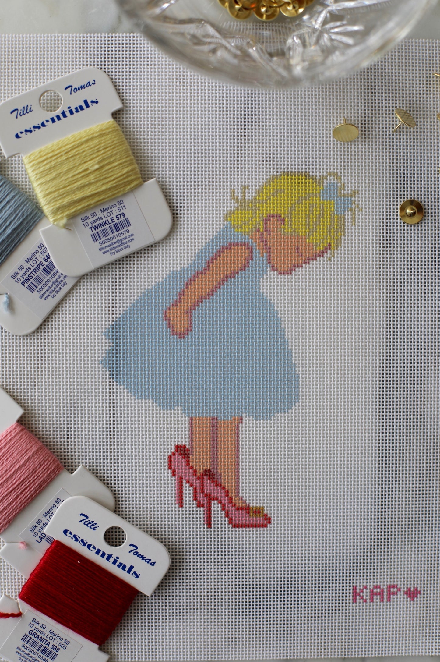 Detail shot of Little Girl Big Heels needlepoint canvas showing fine 18 mesh stitching