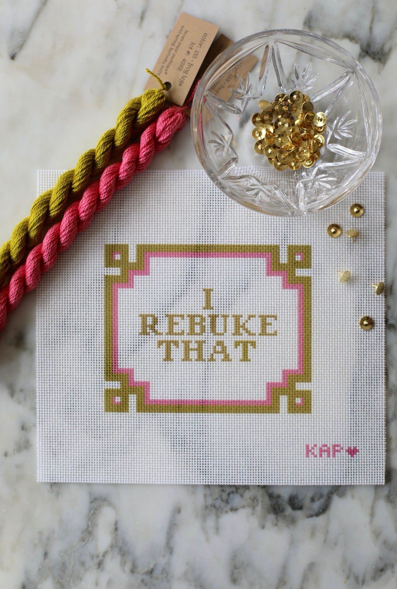 I Rebuke That faith-inspired needlepoint canvas, 9x10 on 13 mesh, colorful design