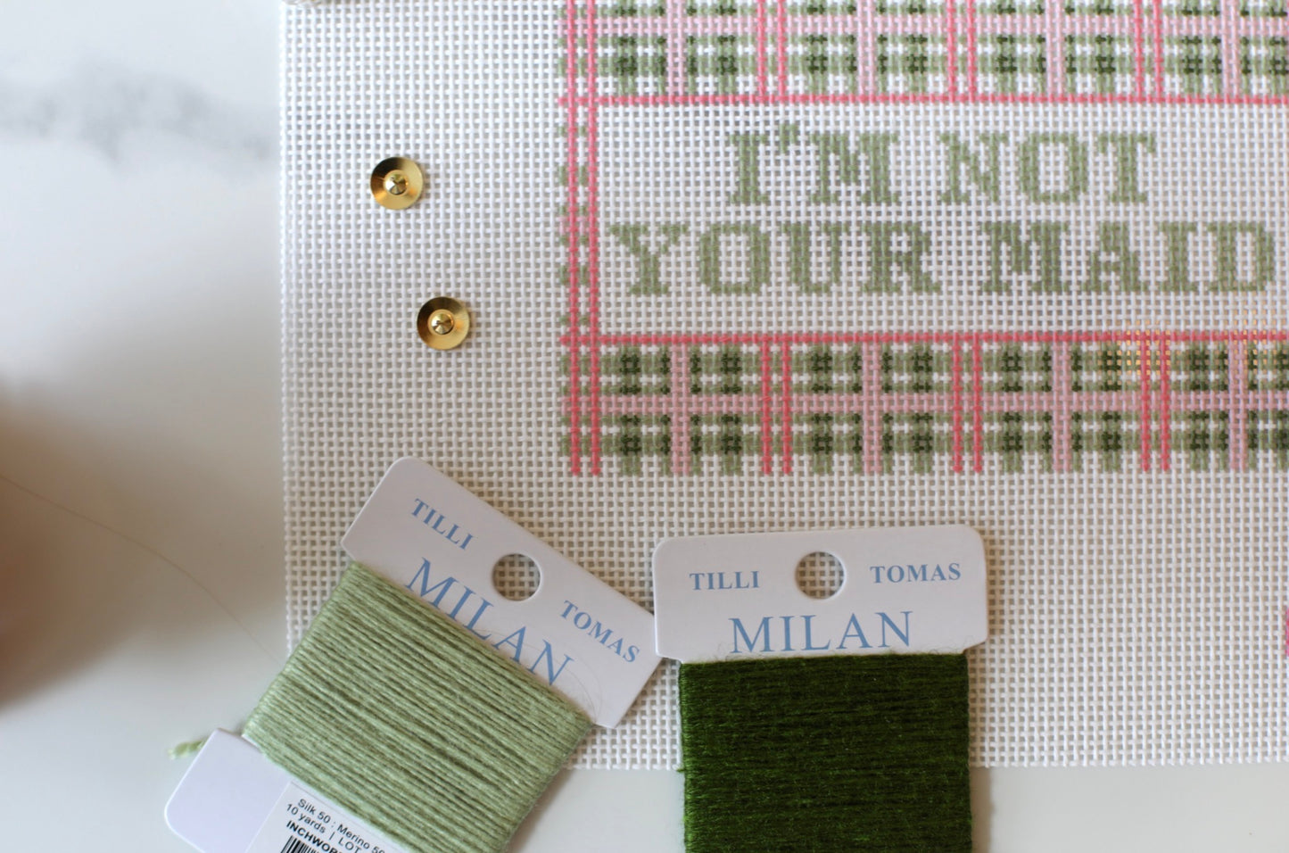 Close-up detail of I'm Not Your Maid needlepoint canvas stitch design