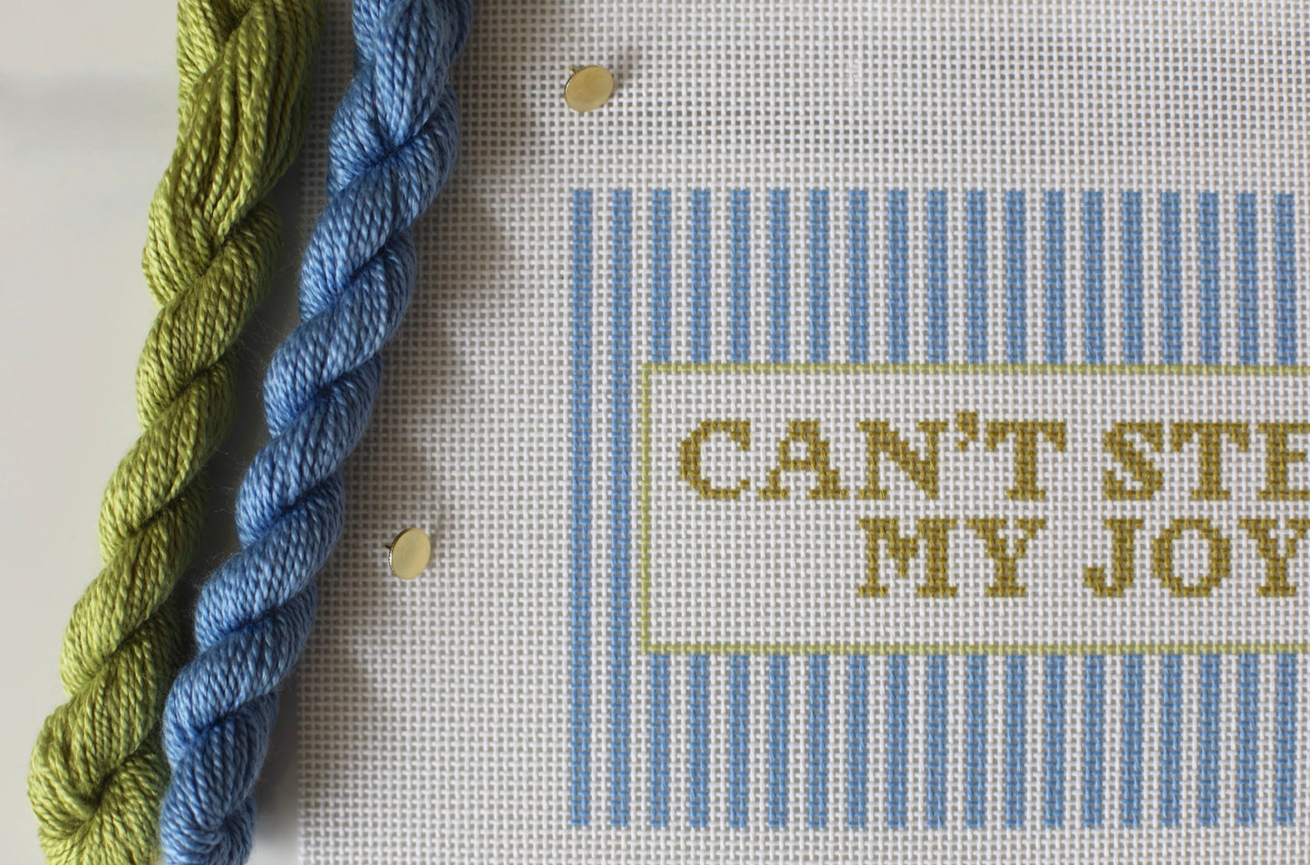Detail of Can't Steal My Joy needlepoint canvas showing 13 mesh stitch coverage