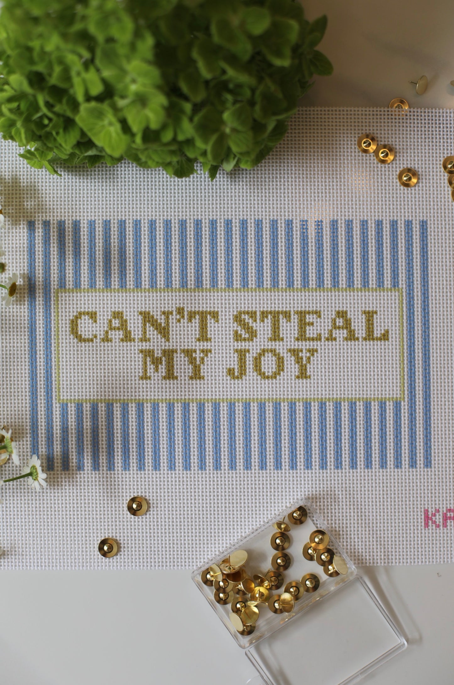 Can't Steal My Joy faith needlepoint canvas, 9x12 on 13 mesh, scripture-inspired design