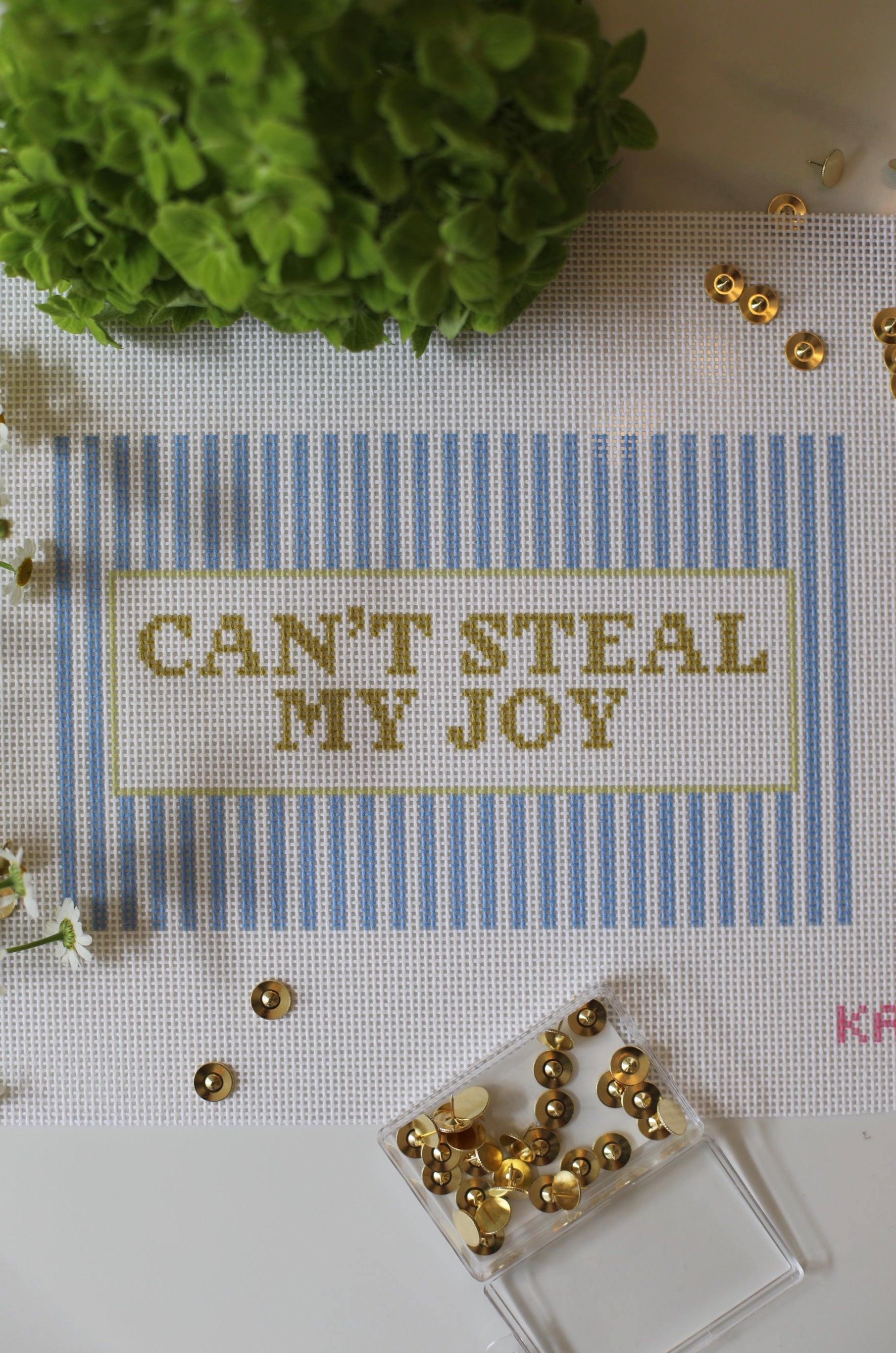 Can't Steal My Joy faith needlepoint canvas, 9x12 on 13 mesh, scripture-inspired design