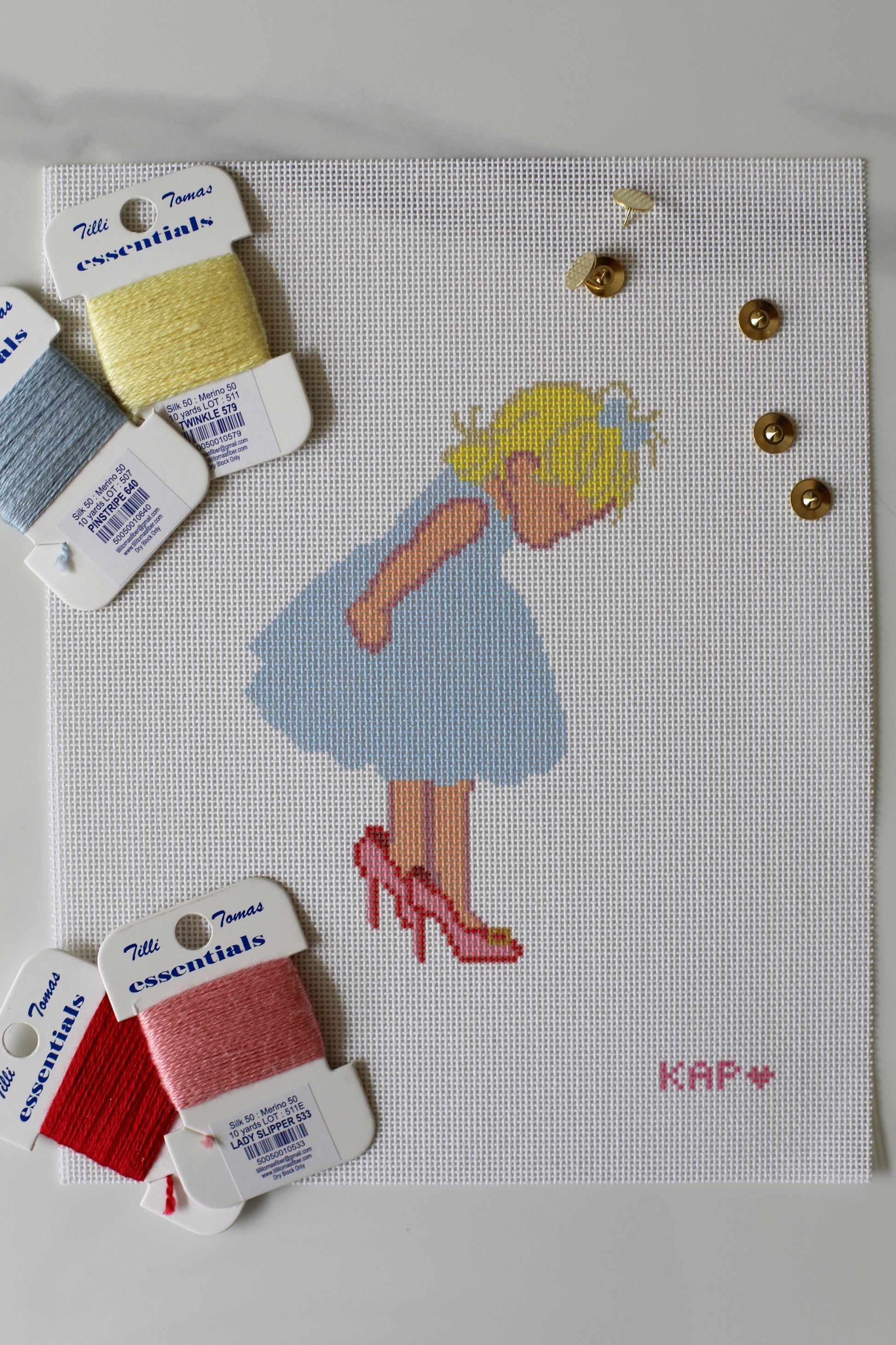 Little Girl Big Heels needlepoint canvas, 10x8 on 18 mesh, soft tones