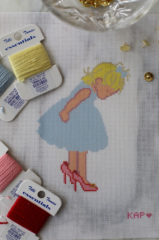 Detail shot of Little Girl Big Heels needlepoint canvas showing fine 18 mesh stitching