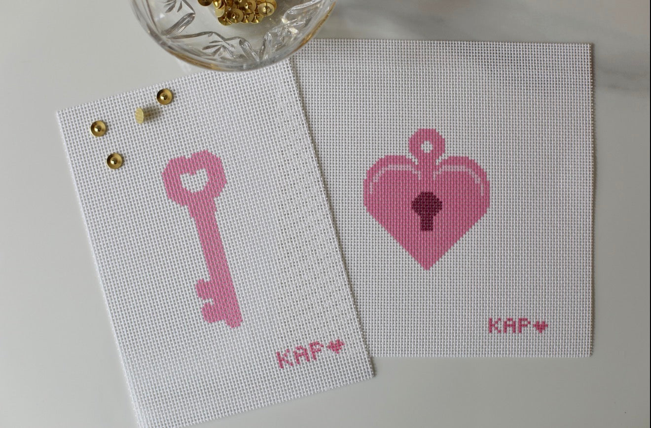Mommy and Me needlepoint locket and key canvas set, 8x8 and 8x6 on 13 and 12 mesh