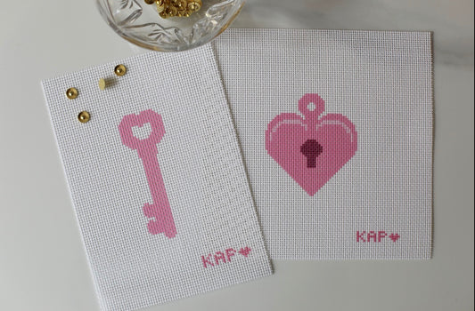 Mommy and Me needlepoint locket and key canvas set, 8x8 and 8x6 on 13 and 12 mesh