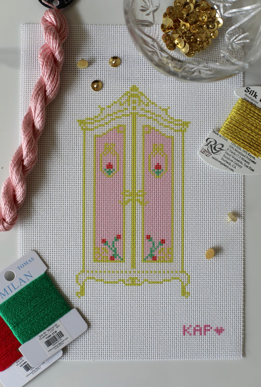 The Armoire needlepoint canvas, 12x8 on 13 mesh, French antique inspired design